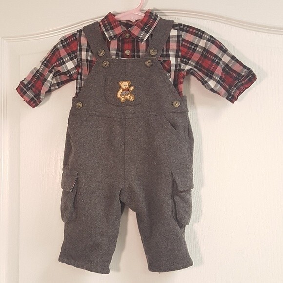 Children's Place Gray Wool Overalls Plaid Shirt - Picture 1 of 4